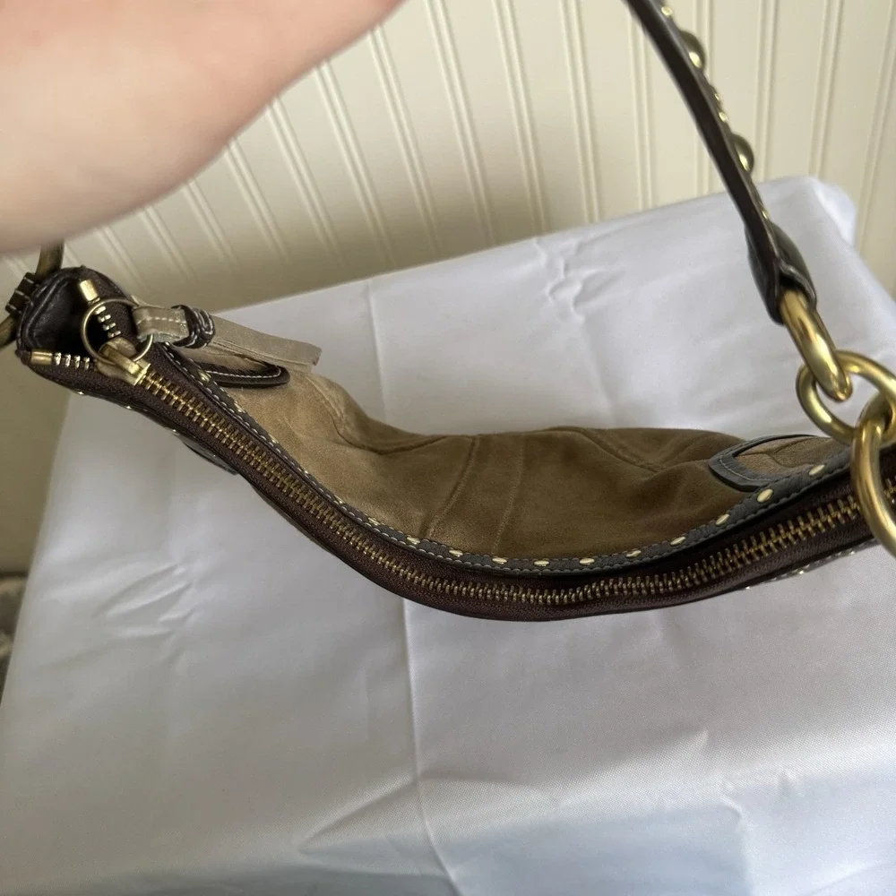 Vintage Coach Brown Tan Suede Small Hobo Shoulder Bag Purse Metallic Accents